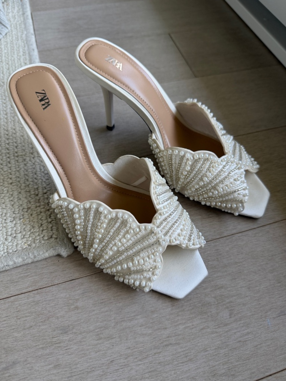 ZARA Pearl-Embellished Ivory High Heel Mules